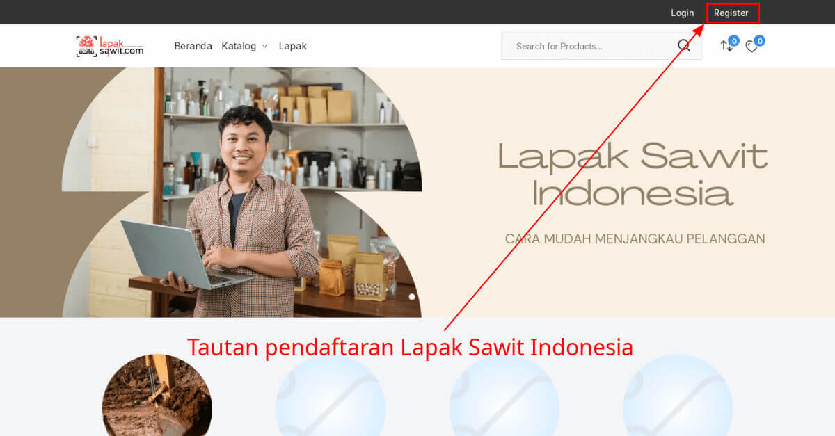 Beranda Lapak Sawit Indonesia dengan anotasi penunjuk tautan pendaftaran.